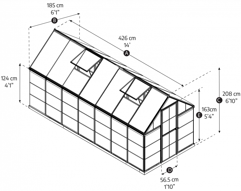 Technical drawing of a greenhouse with dimensions labeled