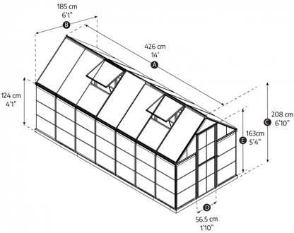 Technical drawing of a greenhouse with dimensions labeled
