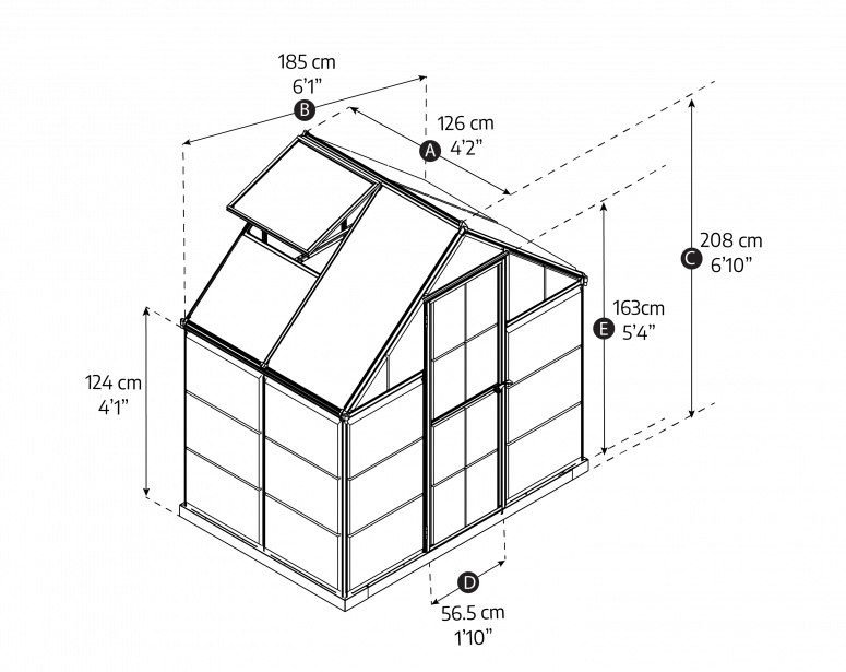 Technical drawing of a greenhouse with dimensions labeled