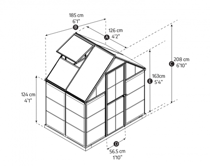 Technical drawing of a greenhouse with dimensions labeled
