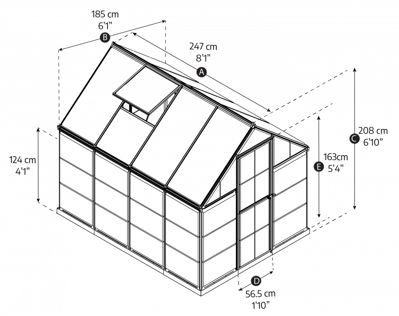 Diagram of a greenhouse with dimensions labeled