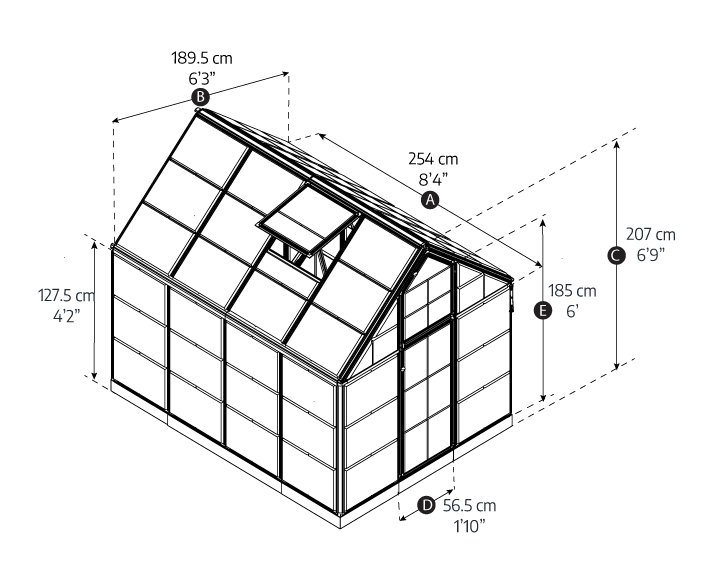 Diagram of a greenhouse with dimensions labeled in centimeters and inches.