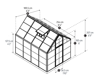 Diagram of a greenhouse with dimensions labeled in centimeters and inches.