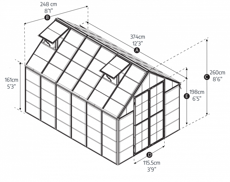 Diagram of a greenhouse with dimensions labeled