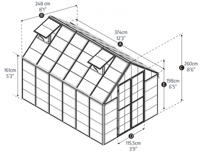 Diagram of a greenhouse with dimensions labeled