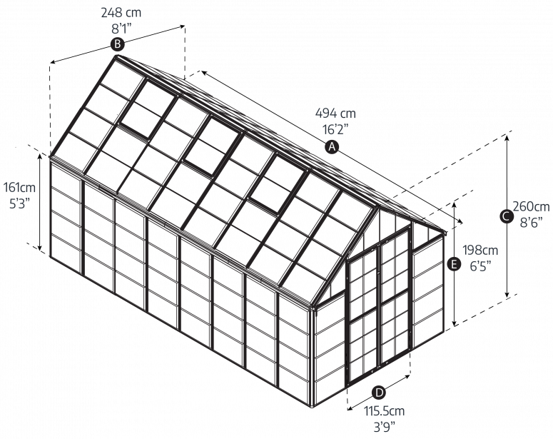 Diagram of a greenhouse with dimensions labeled