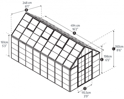 Diagram of a greenhouse with dimensions labeled
