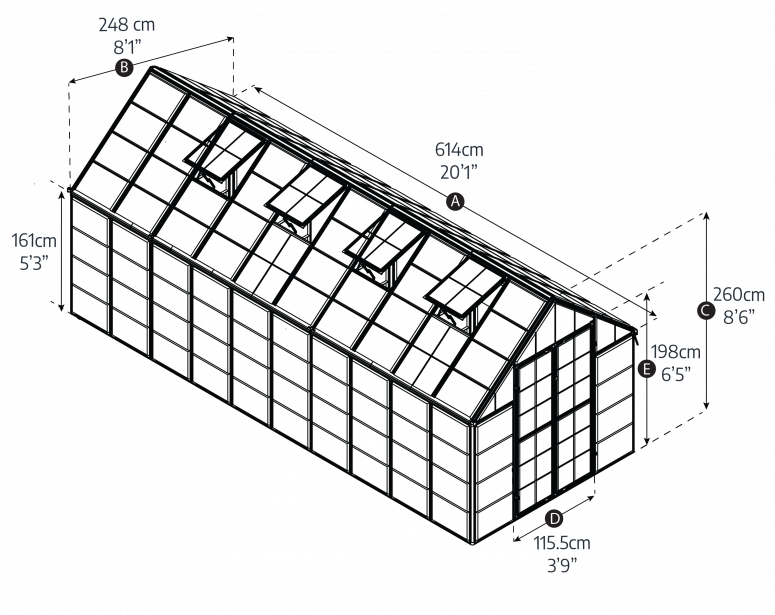 Technical drawing of a greenhouse with dimensions labeled