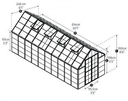 Technical drawing of a greenhouse with dimensions labeled