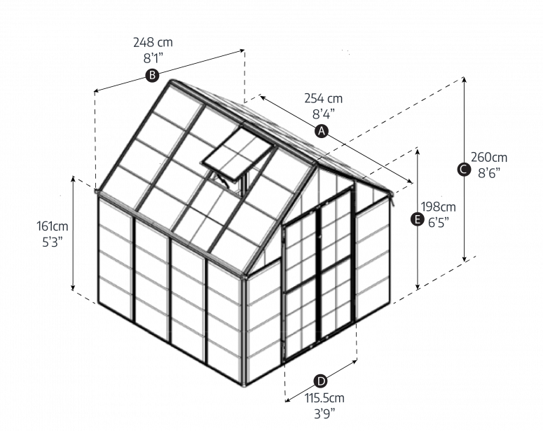 Diagram of a greenhouse with dimensions labeled