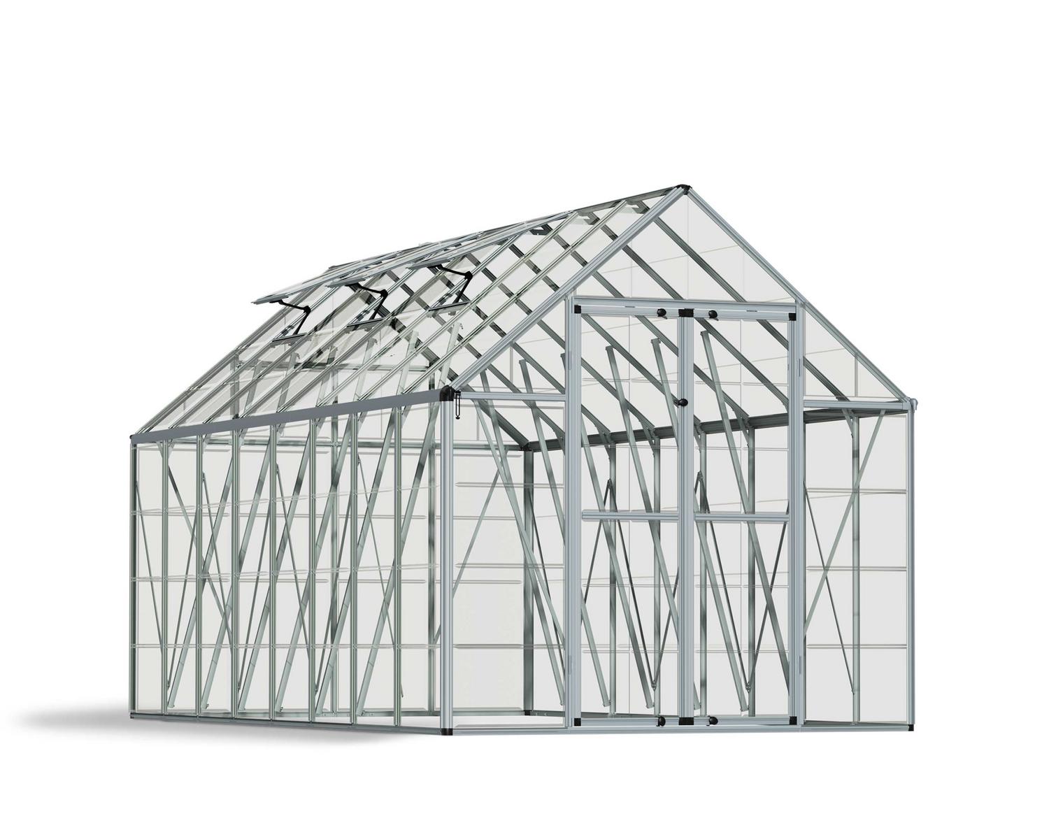 Greenhouse structure with glass panels on a white background