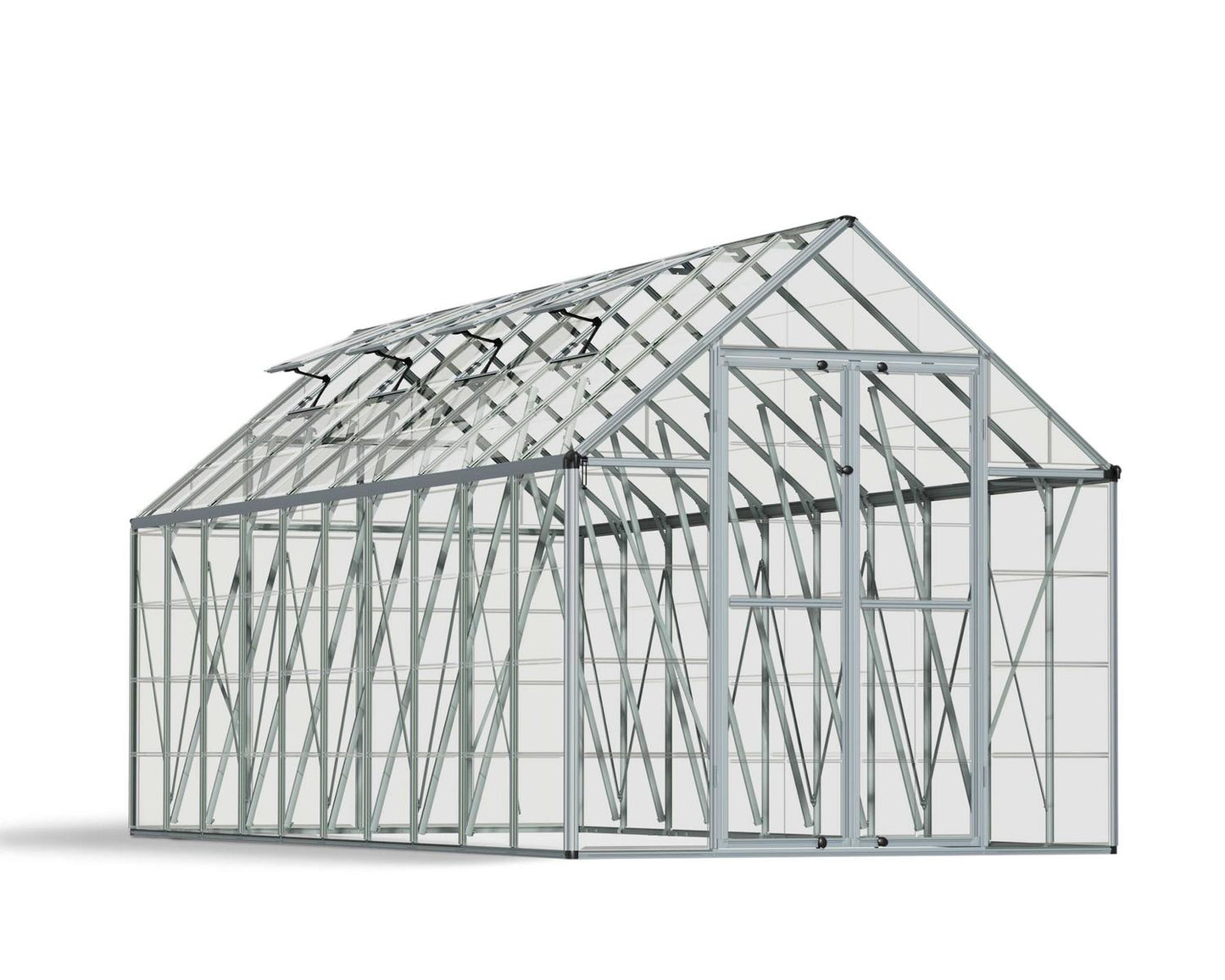 Greenhouse structure with glass panels on a white background