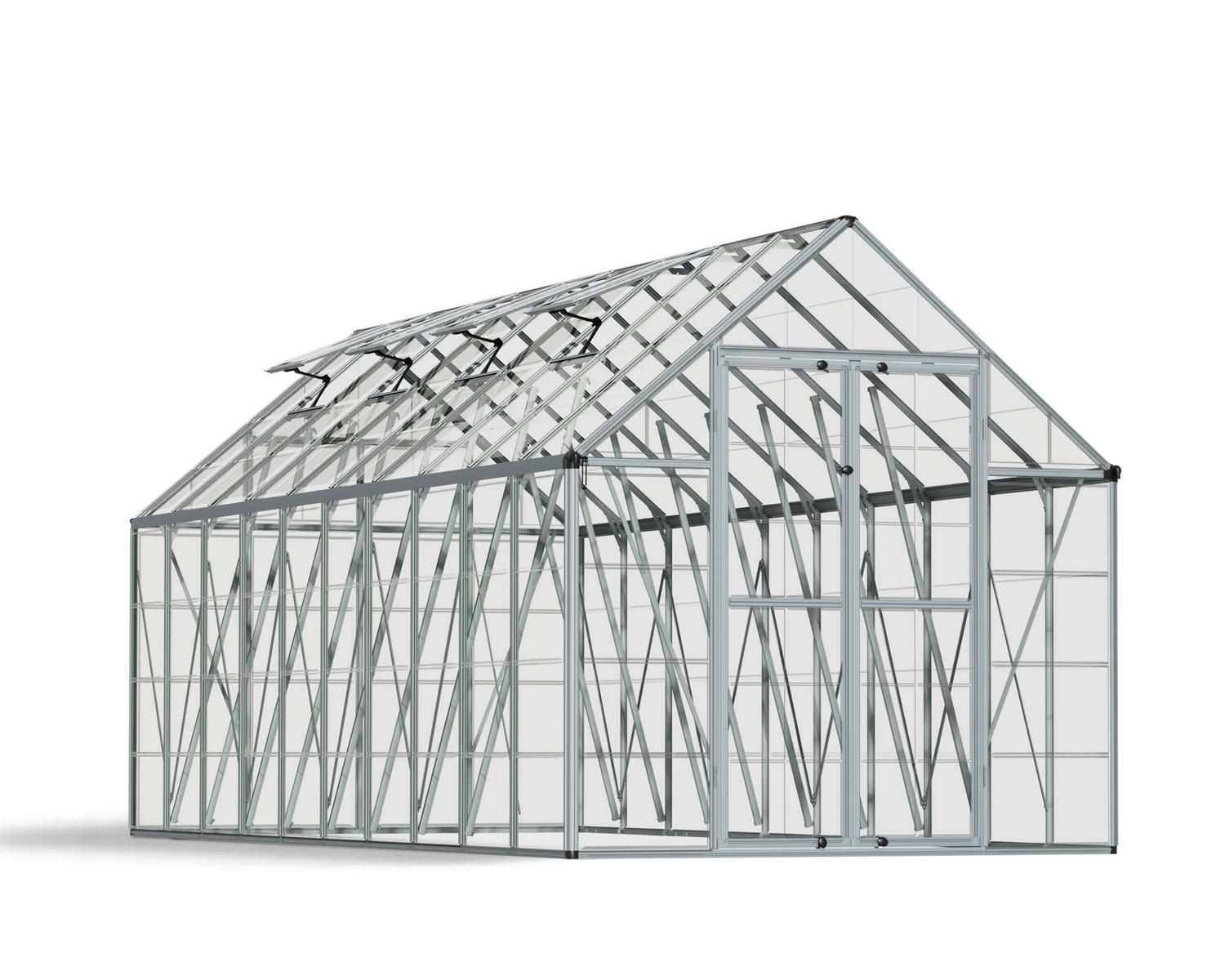 Greenhouse structure with glass panels on a white background