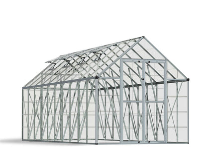 Greenhouse structure with glass panels on a white background