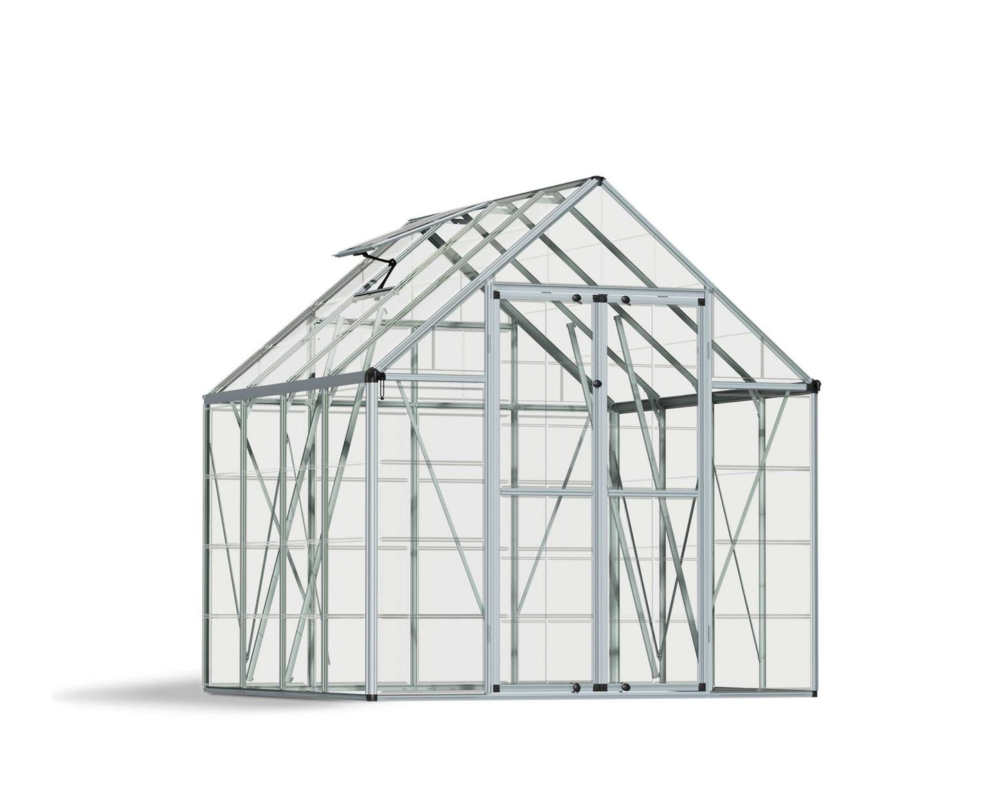 Greenhouse with transparent panels on a white background